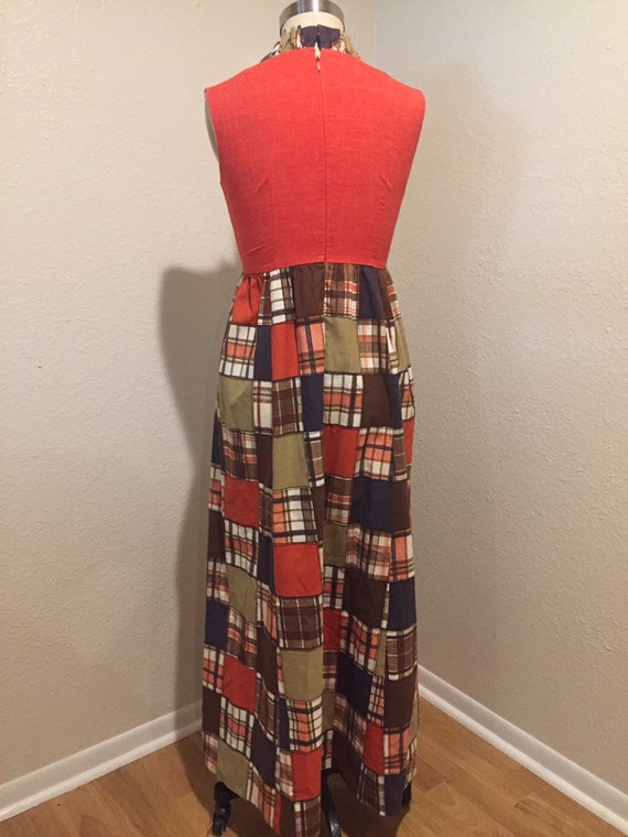 70s Poppy Orange and Patchwork Print Dress - image 5