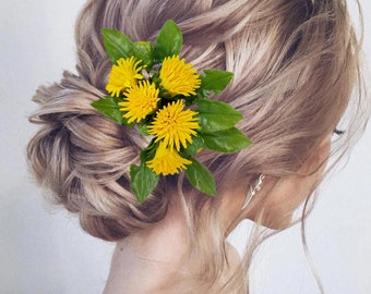 Peigne à fleurs avec pissenlits Serre-tête pissenlits jaunes Peigne à fleurs sauvages Peigne à fleurs jaunes Barrette à cheveux pissenlits Fleur jaune