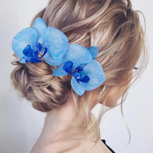 Coiffe orchidée bleue Épingle à cheveux orchidée bleue Coiffe tropicale Pièce de cheveux mariage tropical Barrette orchidée fleur de cheveux Hawaï Épingle à cheveux Hawaï