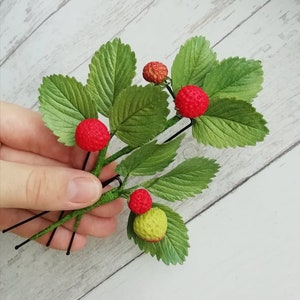 Wedding Hairpins Wedding hair accessories Woodland wedding Wild strawberry Hairpins Polymer clay hairpin Wild strawberry jewelry