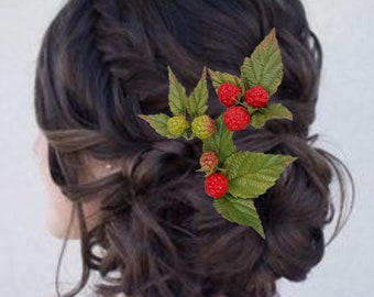 Raspberry bobby pin Woodland headpiece Garden wedding Berry hair jewelry  Woodland wedding Boho wedding Raspberries headpiece