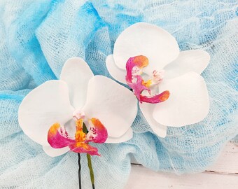 White orchid hair pin Tropical headpiece Tropical wedding Orchid hair pins Tropical hair flowers Tropical headpiece Orchid wedding