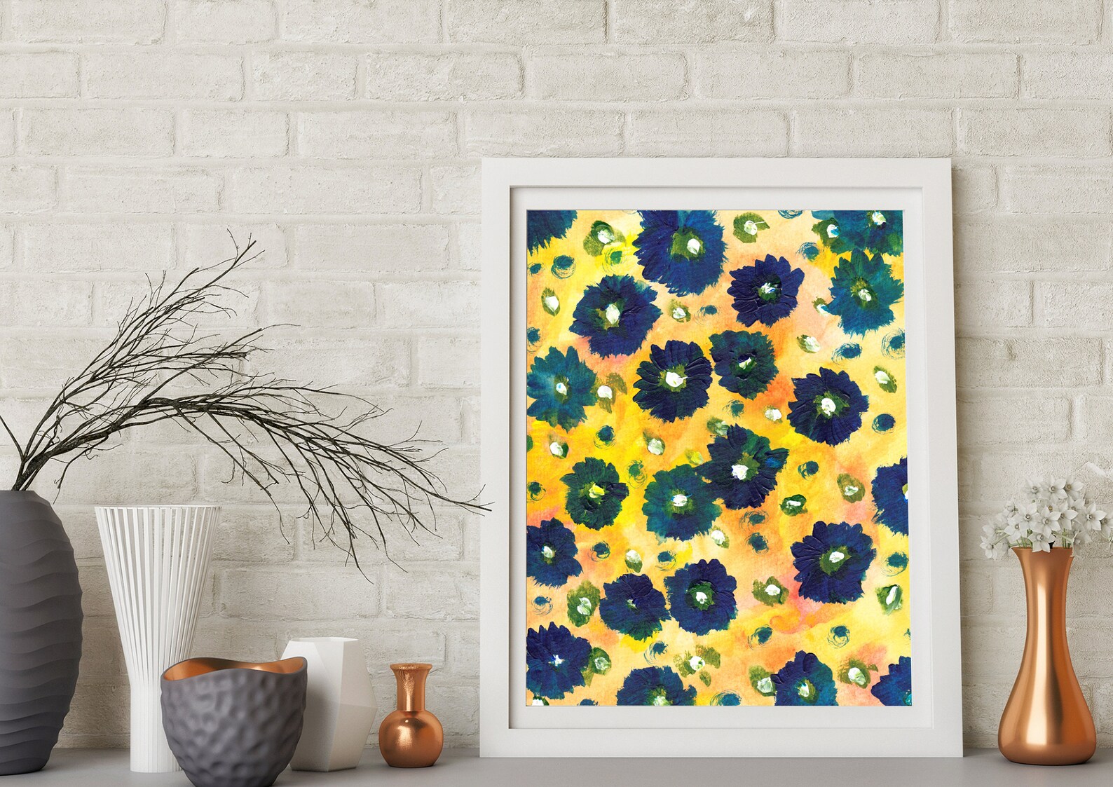 Yellow and Blue Large Wall Art Flower Art Modern Wall Art Etsy