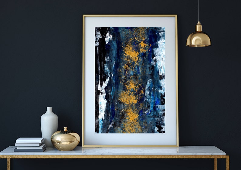 Blue Black and Gold Large Wall Art Modern Abstract Etsy