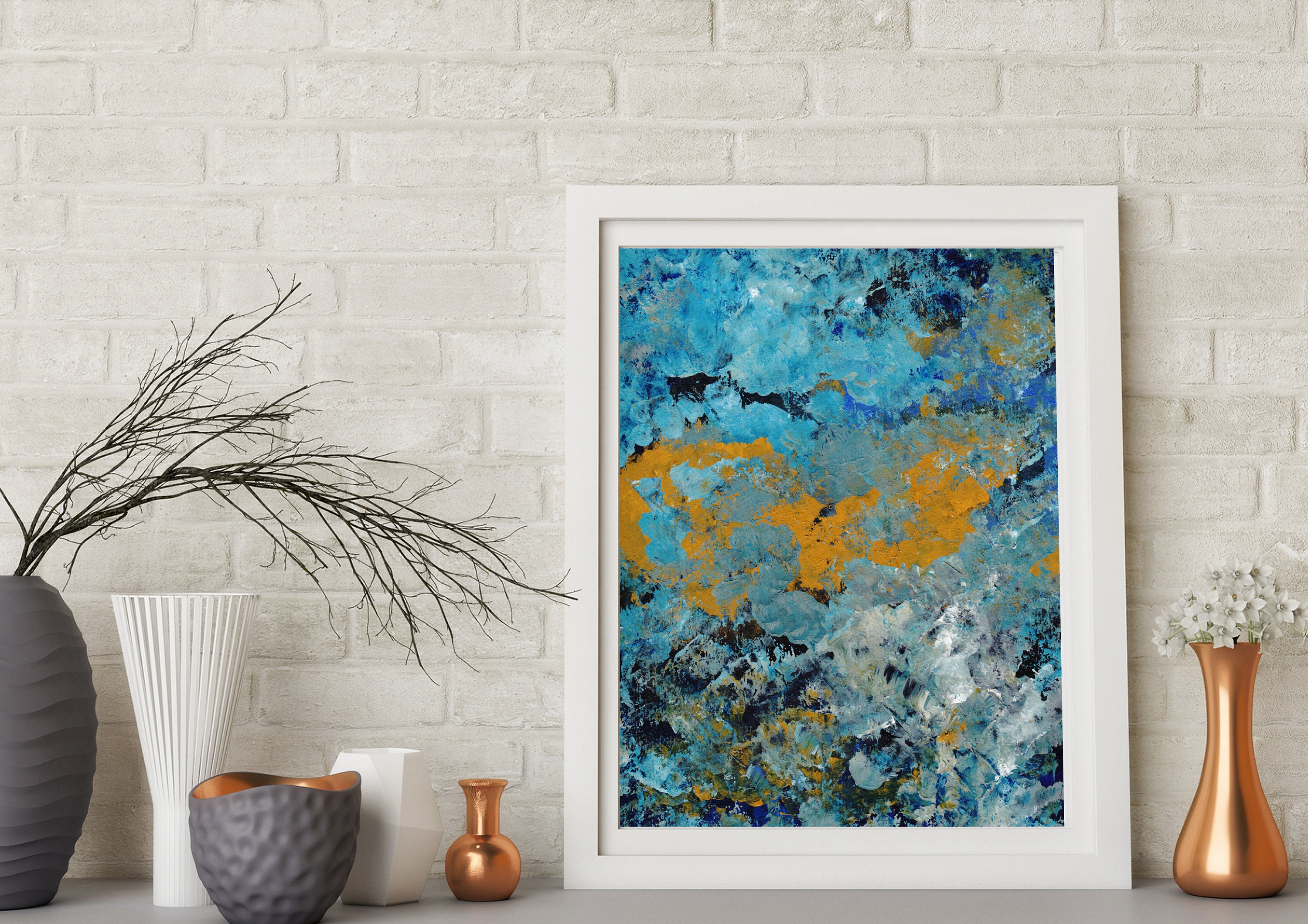 Marble Painting Blue and Brown Large Wall Art Modern Art Etsy