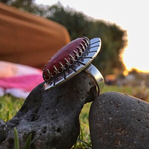 Statement Ring, Red Granite in Sterling Silver. Elementril Eyes. Size 8 in USA and size N.5 in AUS.