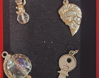 Vintage sterling silver charms (teddy bear with crystal, key, globe with crystal and best friends bear heart)