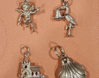 Vintage sterling silver moving charms (angel, stork with baby, castle, clam shell locket)