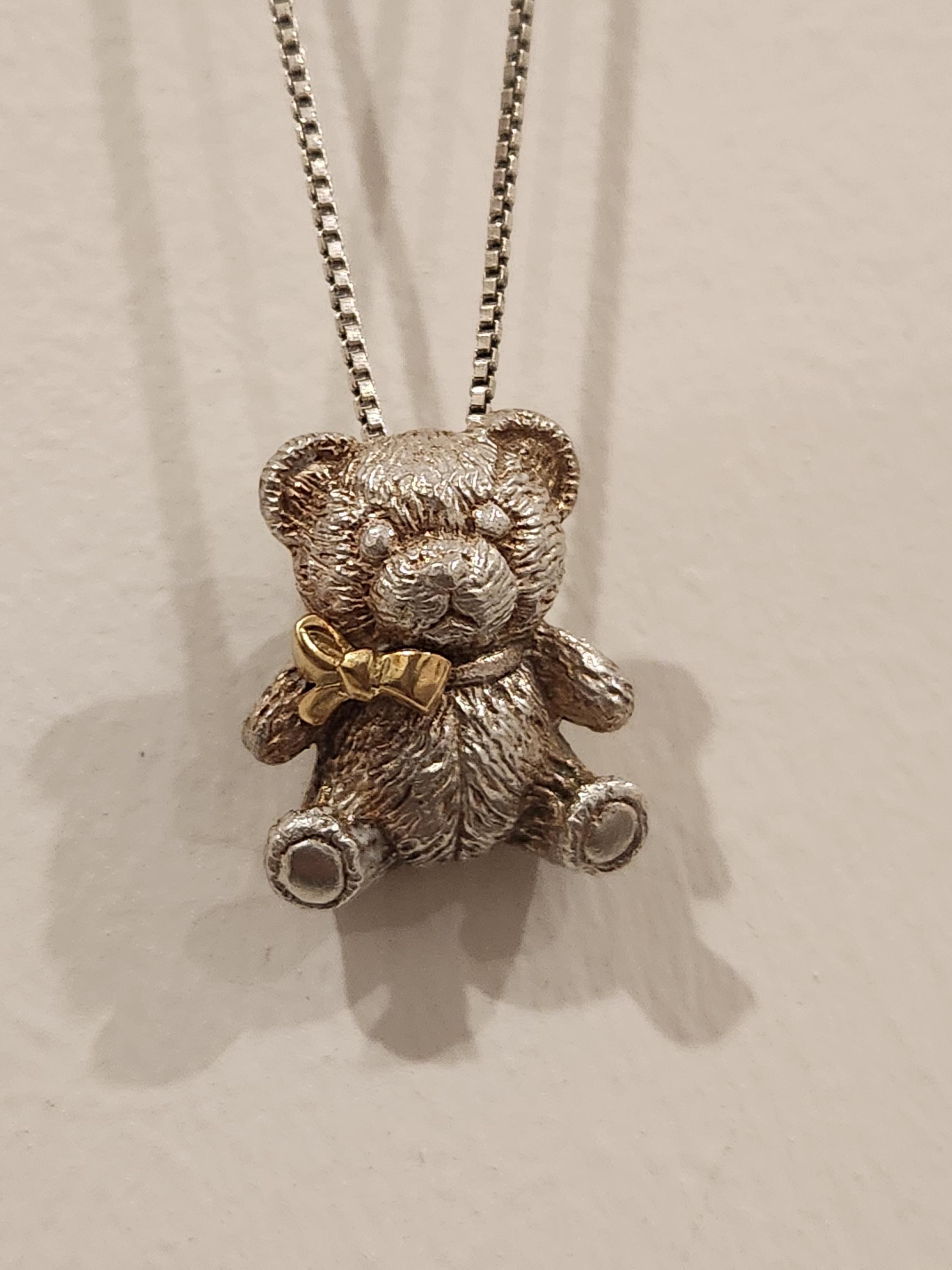vintage sterling silver teddy bear pendant with 18k gold bow and sterling silver necklace