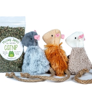 May include: Three plush catnip toys shaped like mice, in gray, orange, and beige, with pink ears and noses. The toys are attached to a long, natural twine string. A bag of dried catnip is in the background with a label that reads "Meowy Janes All Natural Catnip".