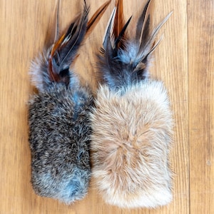 Real Rabbit Fur Cat Toy | Set of 2 | Natural Prey Toy with Feathers | Handmade to Engage Hunting Instinct