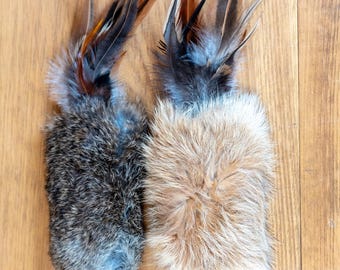 Real Rabbit Fur Cat Toy | Set of 2 | Natural Prey Toy with Feathers | Handmade to Engage Hunting Instinct