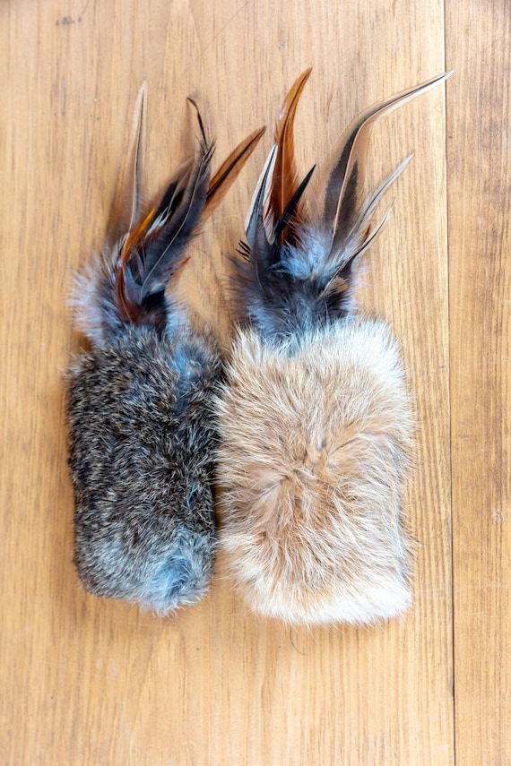 Real Rabbit Fur Cat Toy | Set of 2 | Natural Prey Toy with Feathers | Handmade to Engage Hunting Instinct