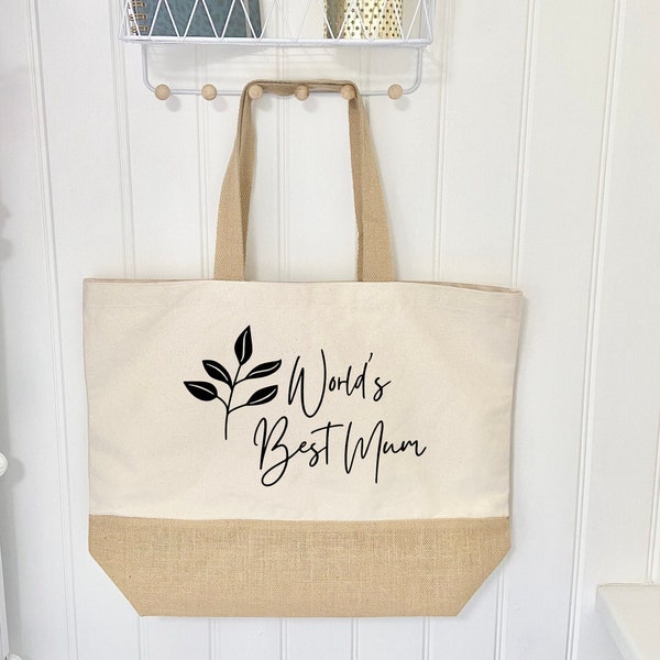 World's Best Mum Jute Bag, Large Weekend Bag, Shopper Bag, Mama Bag, Birthday Gifts, Gifts for her, Gifts for Mum, Mother's Day Gift