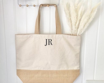 Personalised XL Organic Initial Jute Tote Bag, Weekend Bag, Customised Shopper Bag, School Uni Bag, Birthday Gifts, Gifts for her, Beach Bag