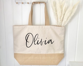 Personalised XL Organic Jute Tote Bag, Weekend Bag, Customised Shopper Bag, Custom School Uni Bag, Birthday Gifts, Gifts for her, Beach Bag