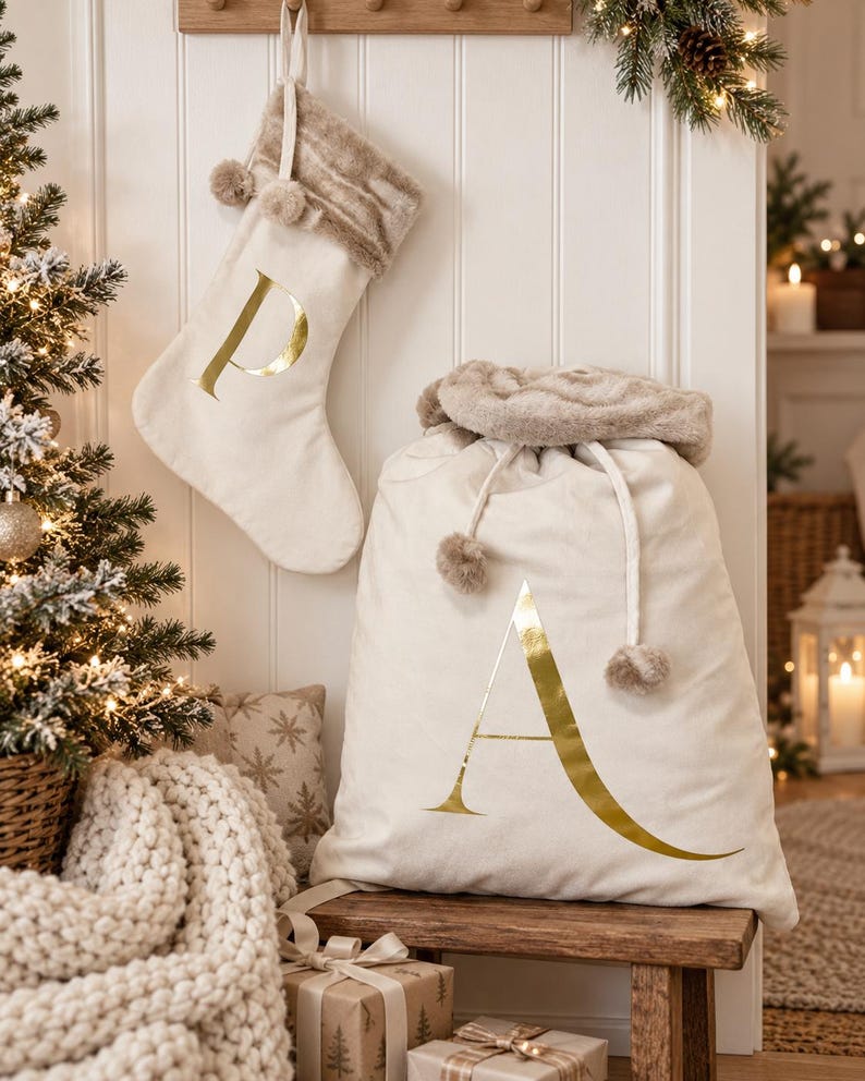 May include: A cream-colored fabric Christmas stocking with a gold foil letter P and a faux fur cuff with pom-poms, paired with a matching large drawstring gift sack featuring a gold foil letter A and a plush faux fur top trim with pom-poms.