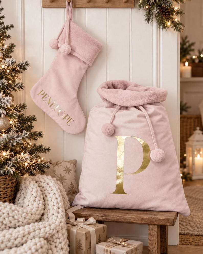 May include: A soft, light pink velvet Christmas stocking with the name PENELOPE in gold lettering and a matching light pink velvet Santa sack featuring a large gold letter P. Both items include drawstring closures with decorative pom-pom accents.
