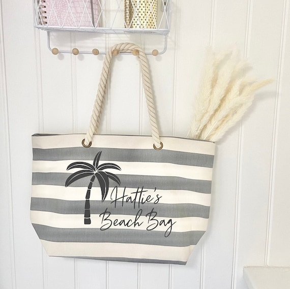 Personalised Luxury Striped Beach Bag Palm Tree Tote Bag