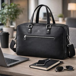 May include: Black leather briefcase with silver zippers, handles, and a shoulder strap. The bag has the initials "JL" embossed on the front. A laptop, notebook, pen, phone, sunglasses, and a coffee cup are on the desk.