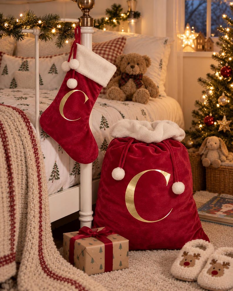 May include: A red velvet Christmas stocking and a matching large drawstring gift sack, both featuring a gold letter C. The stocking has a white faux fur cuff and pom-poms, while the sack has a white faux fur top and drawstring pom-poms.