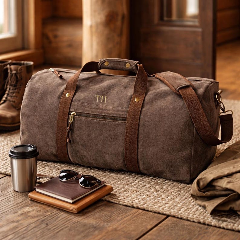 Personalised canvas holdall bag with initials
Vintage style mens duffle bag brown canvas