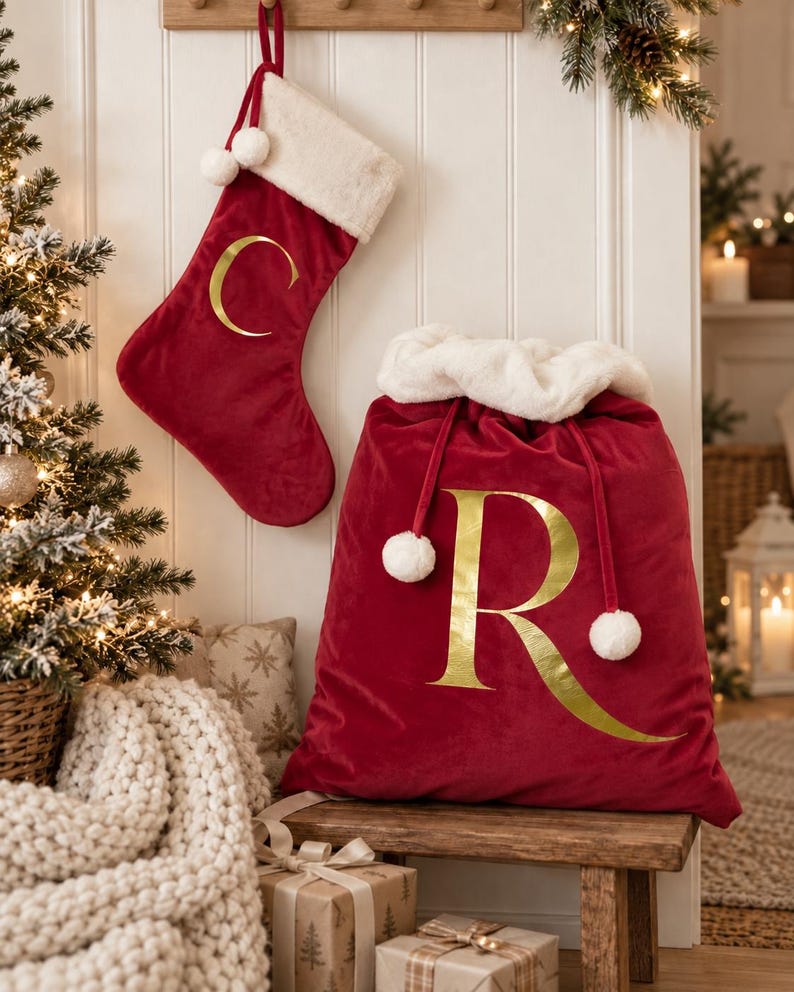 May include: A deep red velvet Christmas stocking with a white faux fur cuff and a gold letter C, paired with a matching large red velvet Santa sack featuring a white faux fur trim, gold letter R, and white pom-pom drawstring ties.