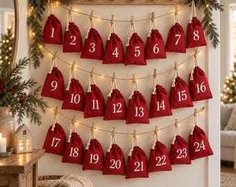 May include: A wall-mounted advent calendar featuring twenty-four small red fabric drawstring bags hanging from three horizontal jute strings. Each bag is numbered in white from 1 to 24 and secured with a wooden clothespin, illuminated by string lights.