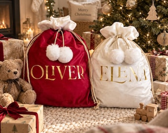 Personalised Christmas Santa Sack, Luxury Velvet Red or White Sack, Name Christmas Gift Bag, Reusable Xmas Keepsake