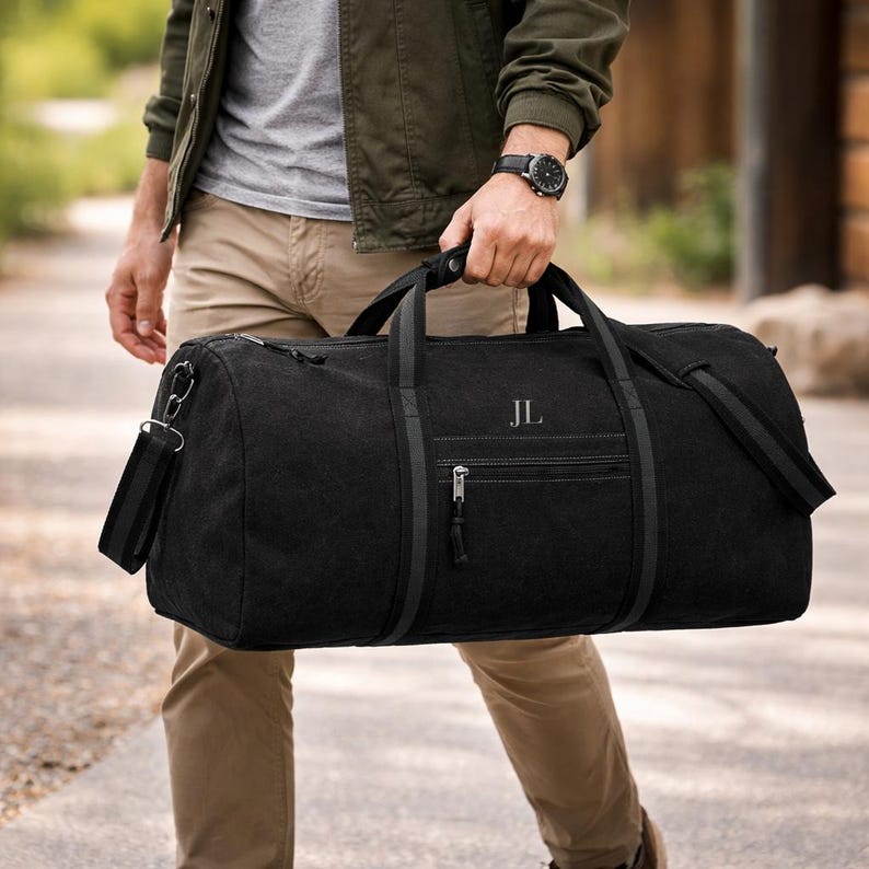 Black personalised duffle bag for men