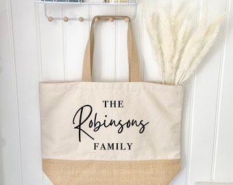 Personalised XL Jute Tote Bag, Family Adventure Bag, Weekend Shopper Bag, Birthday Gift, Gif for her, Beach Bag, Picnic Bag