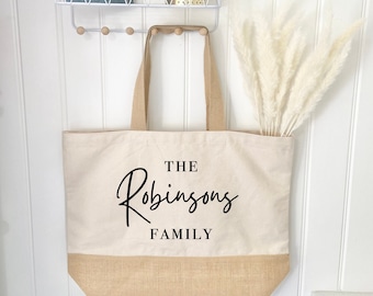 Personalised XL Jute Tote Bag, Family Adventure Bag, Weekend Shopper Bag, Birthday Gift, Gif for her, Beach Bag, Picnic Bag