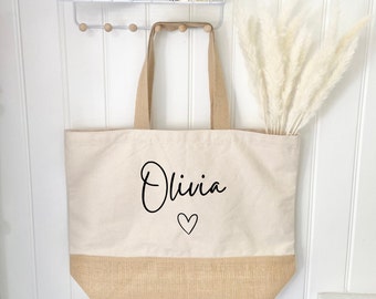 Personalised XL Jute Tote Bag, Weekend Bag, Customised Shopper Bag, School Uni Bag, Birthday Gifts, Gifts for her, Beach Bag