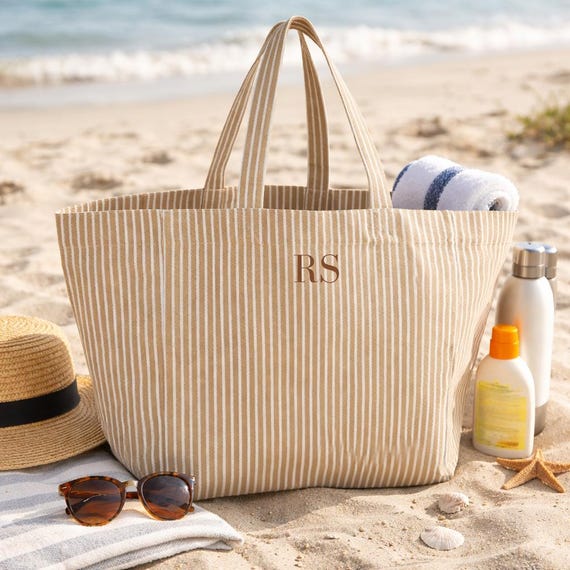 Personalised Oversized Beach Bag, Large Striped Tote Bag, Custom Name Holiday Bag, Summer Tote, Travel Bag, Gift for Her