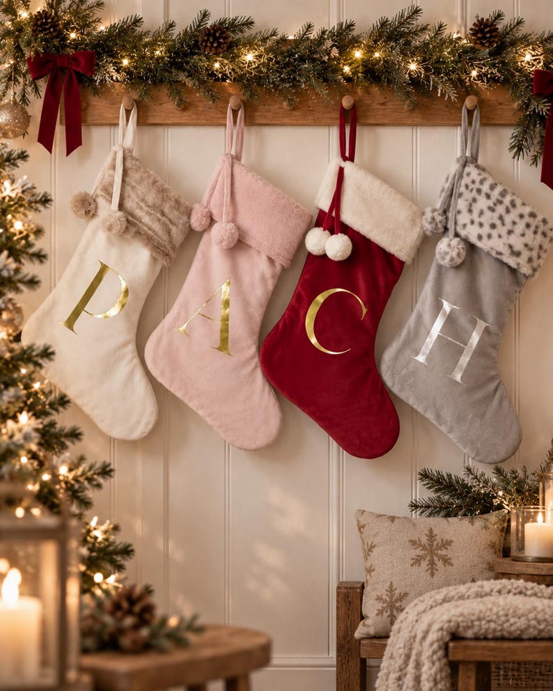 May include: Four hanging Christmas stockings in cream, light pink, deep red, and gray. Each stocking features a plush cuff, two pom-poms, and a large metallic letter: P, A, C, and H. The cream and pink stockings have gold letters, the red has gold, and the gray has silver.