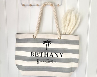 Personalised Luxury Striped Beach Bag, Palm Tree Tote Bag, Nautical Bag, Holiday Beach Bag, Personalised Beach Bag, Weekend Bag