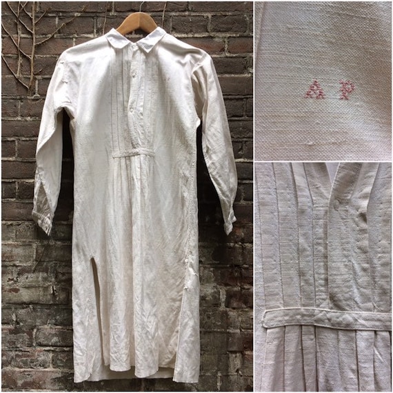 Antique French linen men's shirt with collar, plea