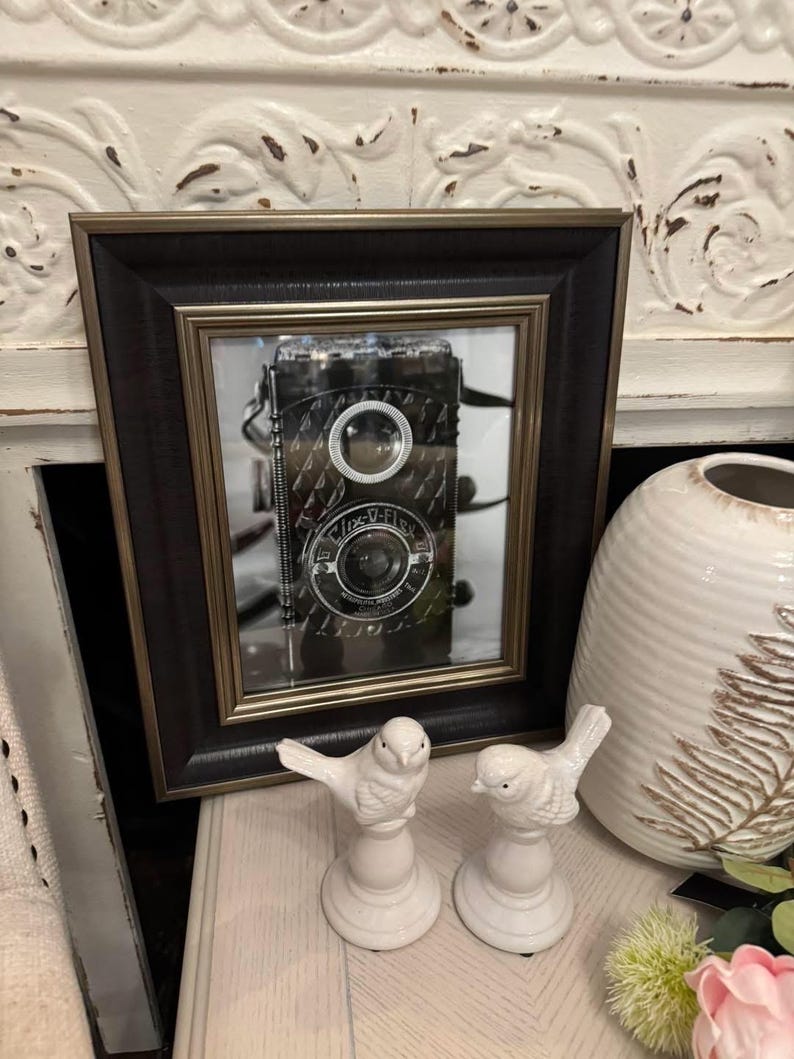 K&ouml;nnte beinhalten: Ein gerahmtes schwarz-goldenes Bild einer Vintage-Kamera. Zwei wei&szlig;e Keramikvogel-Figuren stehen vor dem Rahmen. Rechts vom Rahmen befindet sich eine wei&szlig;e Vase mit Blattmuster.