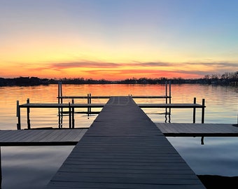 Lake Sunset Dock Art Print, Cabin Wall Decor