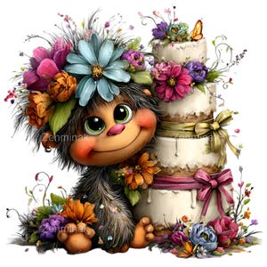 以下が含まれることがあります： 花冠をつけた笑顔の漫画の生き物が、花と蝶で飾られた3段のケーキの隣にいる、気まぐれなイラストです。生き物は大きな緑色の目とピンクの鼻をしています。画像は柔らかくカラフルな美学を持っています。