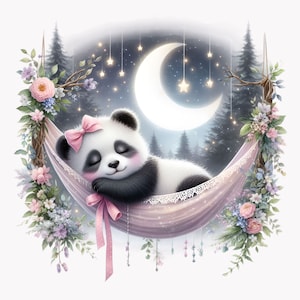 12 Panda dormindo Clipart PNG, Panda bebê fofo em rede, ilustração de céu noturno e lua, arte floral de animais sonhadores