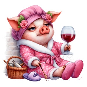 12 Clipart PNG drôle de cochon en robe - verre à vin, pinceau, pyjama rose, chaussons, scène artistique relaxante, art animalier fantaisiste