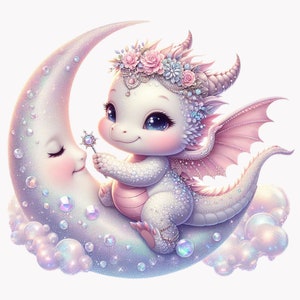 ドラゴンのクリップアート、生まれたばかりのドラゴン、月に乗るクリップアート、10 PNG 水彩幼稚園イラスト