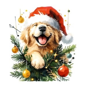 12 kersthond png-clipart – Happy Golden Retriever in kerstmuts met boomtak en ornamenten – Aquarel schattig vakantiehuisdier