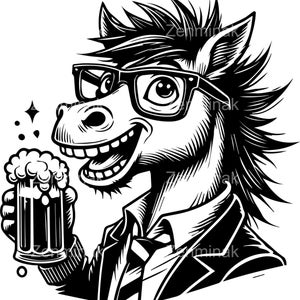 5つの面白い馬のSVGカットファイル - スーツを着たクールな漫画の馬とビールとグラス - バーの看板やギフト用のCricutクリップアート