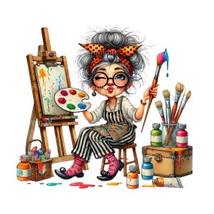 11 divertidas imágenes prediseñadas de abuela pintora PNG - Artista mayor con caballete y pinturas - Descarga digital para manualidades y decoración