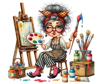 11 面白い画家のおばあちゃんのクリップアート PNG - イーゼルと絵の具を持つ年配のアーティスト - 工芸品や装飾用のデジタルダウンロード