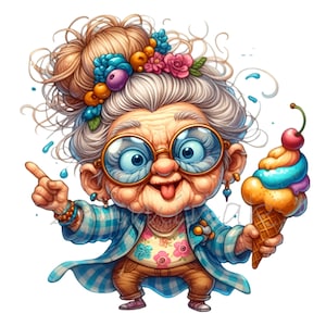 15 Nonna stravagante con gelato PNG Clipart - Illustrazione divertente del personaggio dei cartoni animati - Arte digitale stravagante per l'artigianato