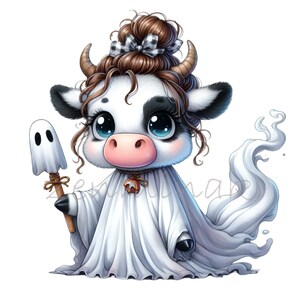 Può includere: Una mucca di cartone animato vestita da fantasma per Halloween. La mucca ha i capelli castani, un mantello macchiato di bianco e nero e tiene un bastone a forma di fantasma. La mucca indossa un lenzuolo bianco con una coda che fluttua.