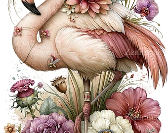 May include: A pale pink flamingo illustration adorned with various flowers including a large pink dahlia, purple roses, and white blossoms. A small butterfly rests near the top, and a bee is visible on the flamingo's neck. The design features soft watercolor textures and botanical elements.